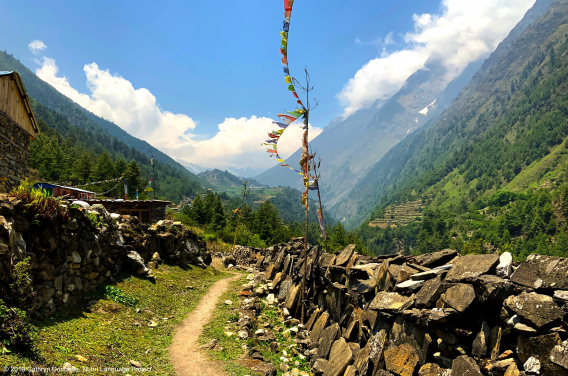 On the trek heading up Nubri Valley, just passing Syo, Ripum monastery perched atop the hill in Lho comes into view. The mani walls seen here on the right line many of the paths through the valley.
 